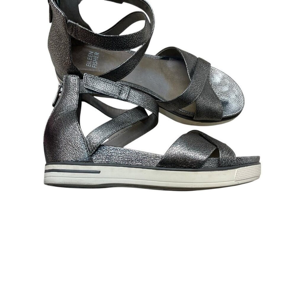 Eileen Fisher Sally Women's Metallic Leather Zip/Buckle Gladiator Wedge Sandal 8